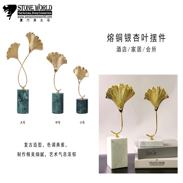 Prawdziwy Brązowy Metal Ginkgo Leaf Home Decor Akcesoria z marmurową bazą