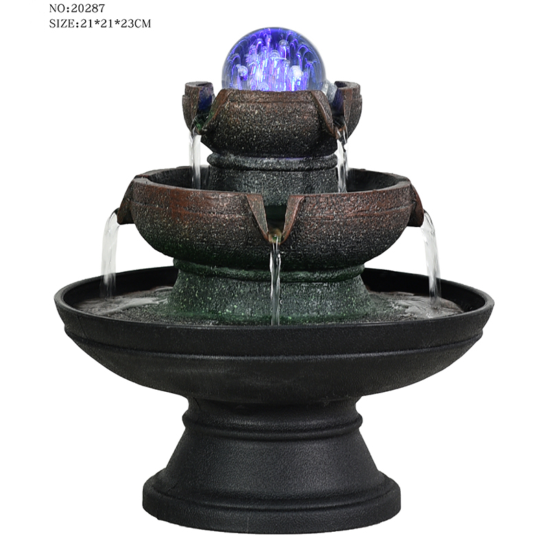 Hurtownia dekoracji wnętrz, trzypoziomowa fontanna stołowa z żywicy z kolorową szklaną kulą